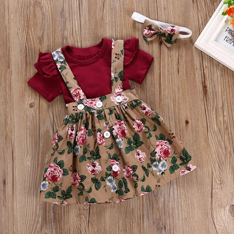 Girl Floral Print Dress Romper Headband Clothes Set