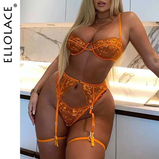 Ellolace Orange Lace Embroidery Lingerie Set