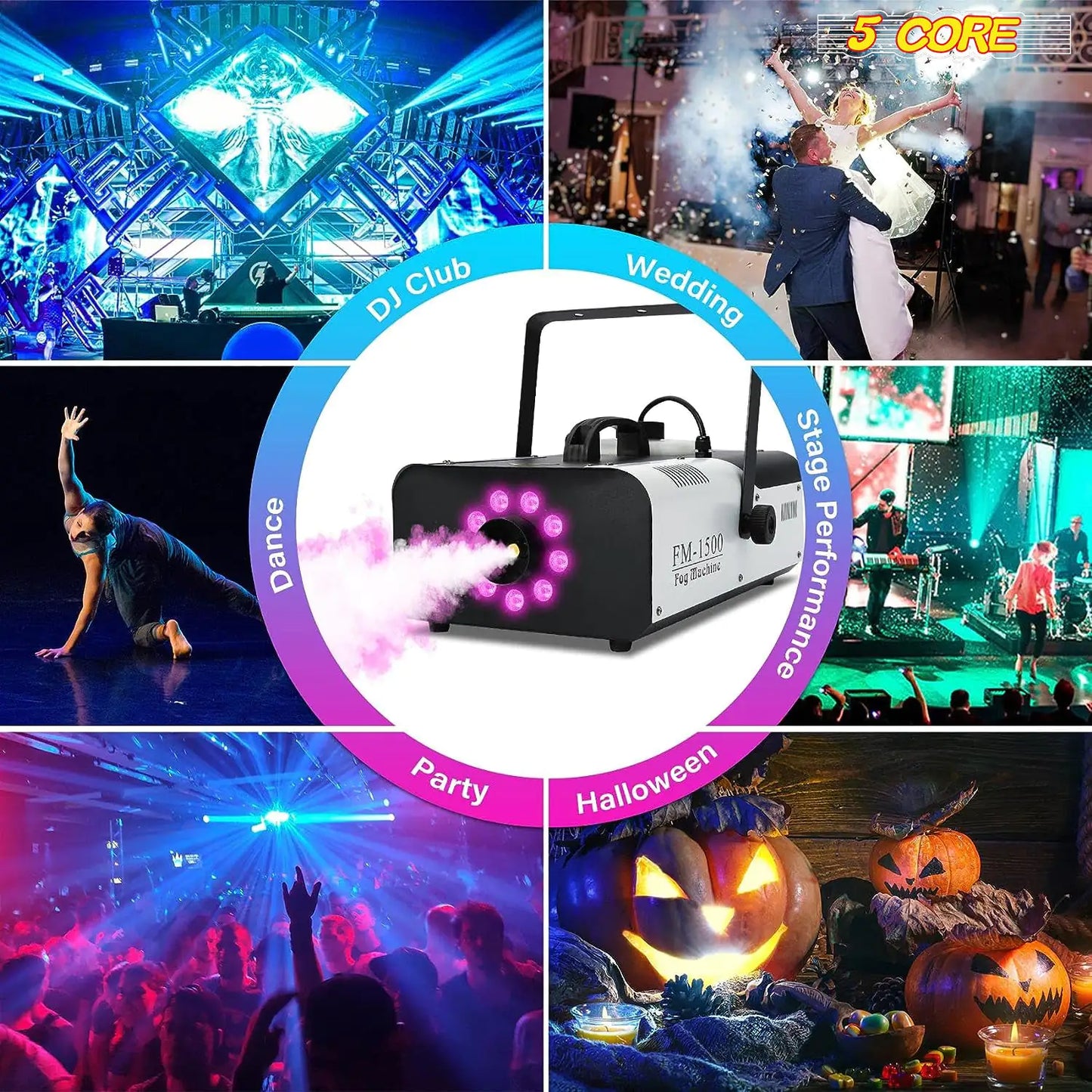 5 Core Fog Machine, 1500W 6000CFM, 2.5 L Tank Remote