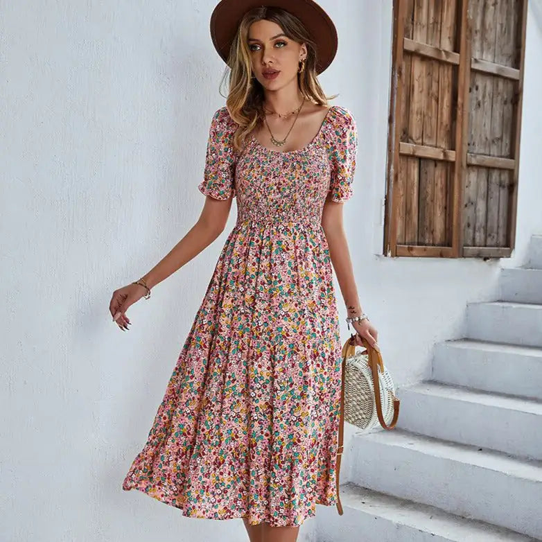 Floral Dress Smocked Sleeve V Neck Dresses