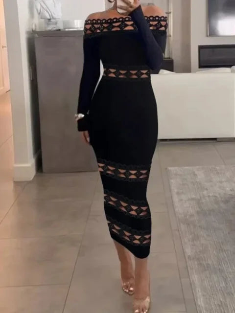 Black Off-Shoulder Long Sleeve Midi Dress