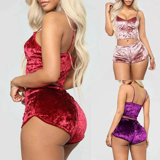 Spaghetti Strap Velvet Shorts Sexy Pyjama Set