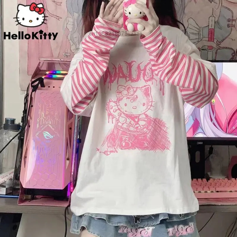 Sanrio Hello Kitty Patchwork Stripe Long Sleeves Top Y2k Girls Aesthetic Tops