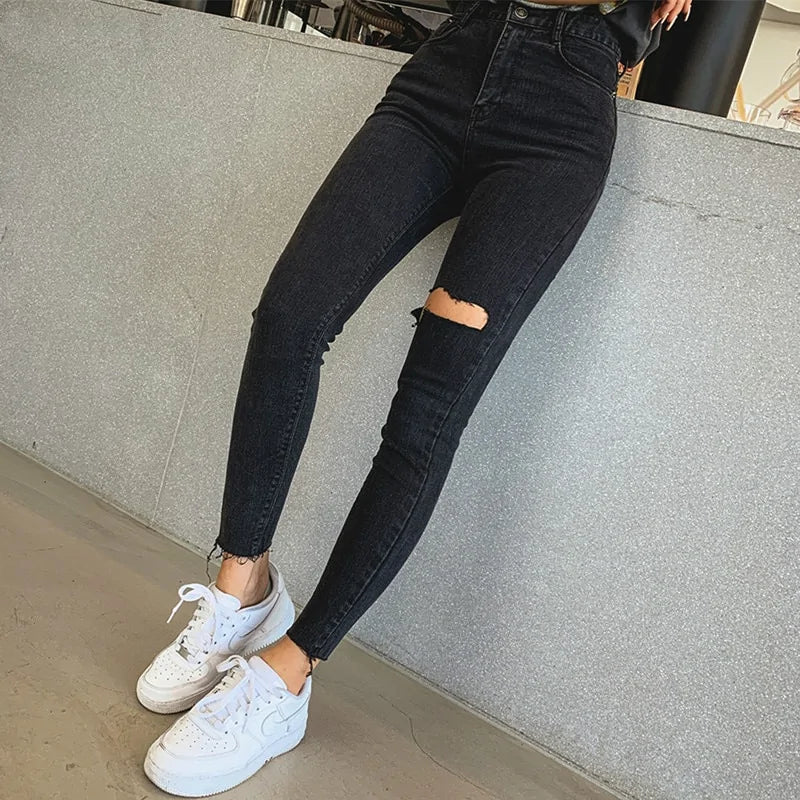 High Waist Ripped Denim Skinny Pants