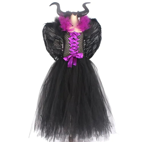 Black Gown Tutu Dress With Deluxe Horns And Wings