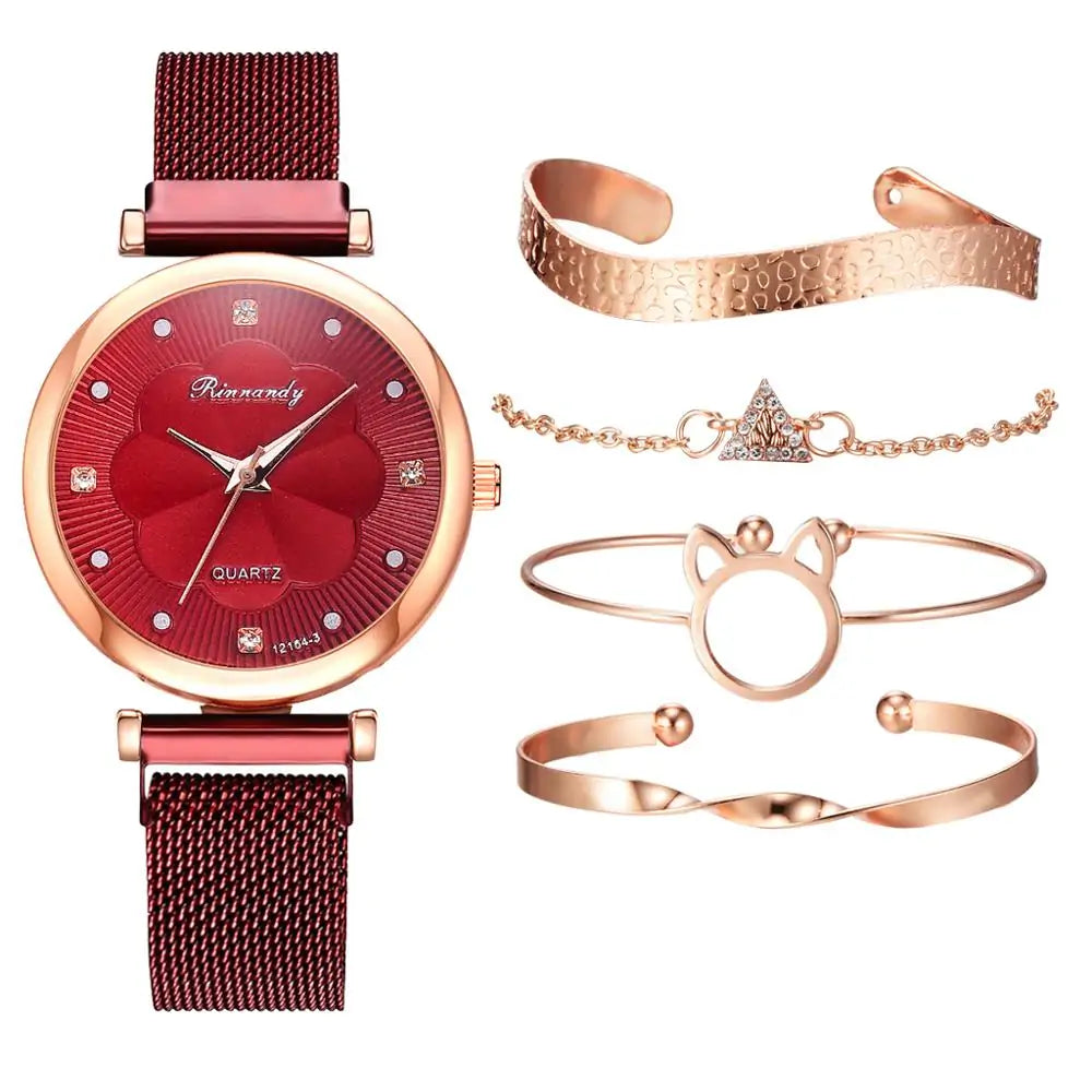 5-Piece Women's Luxury Magnet Buckle Watch And Bracelet Set