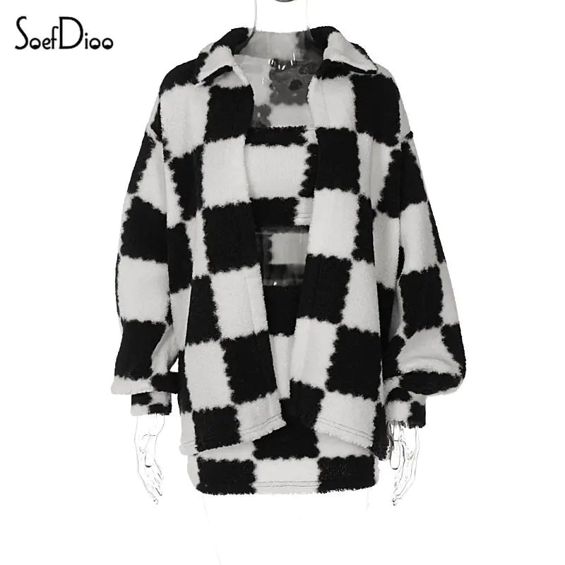 Black White Grid Thickened Plush 3 Piece Set