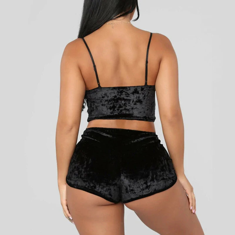 Spaghetti Strap Velvet Shorts Sexy Pyjama Set