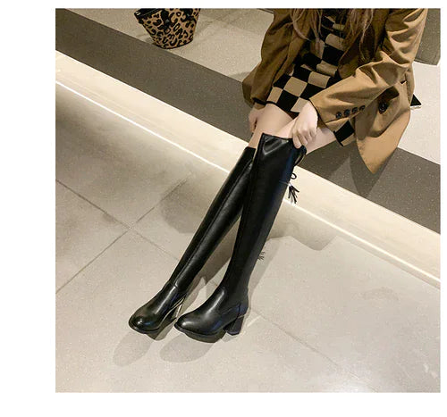 Elastic Leather Knee Boots