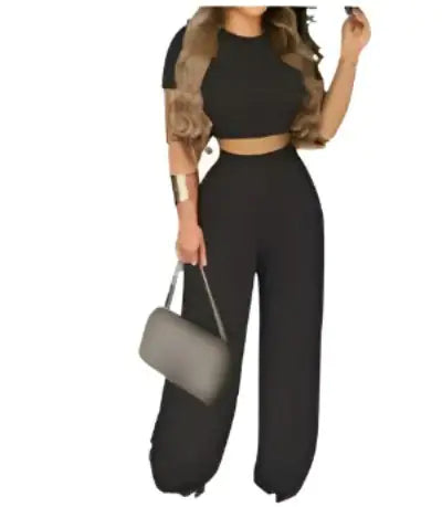 Two Piece Sets Elegant Short Sleeve Shirt + Wide Leg Pants Suits