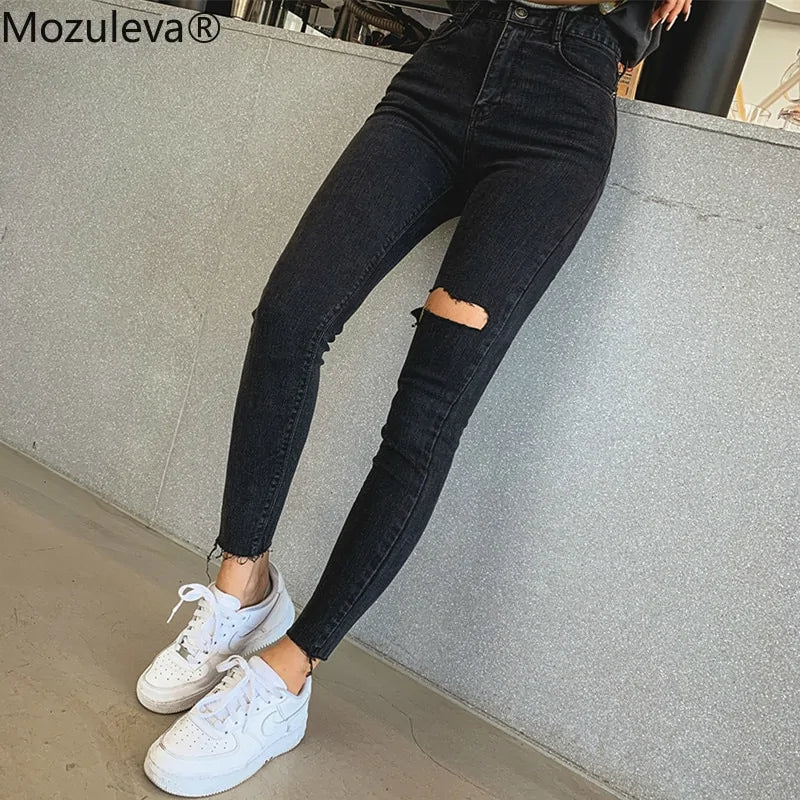 High Waist Ripped Denim Skinny Pants