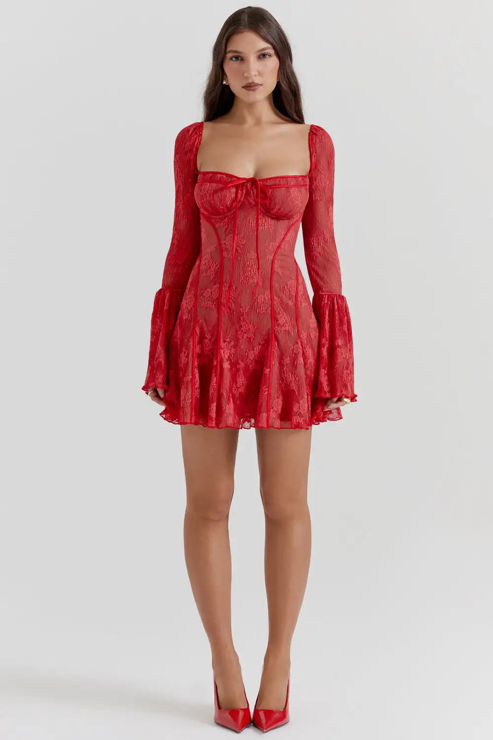 Lace Square Collar Slim Red Dress