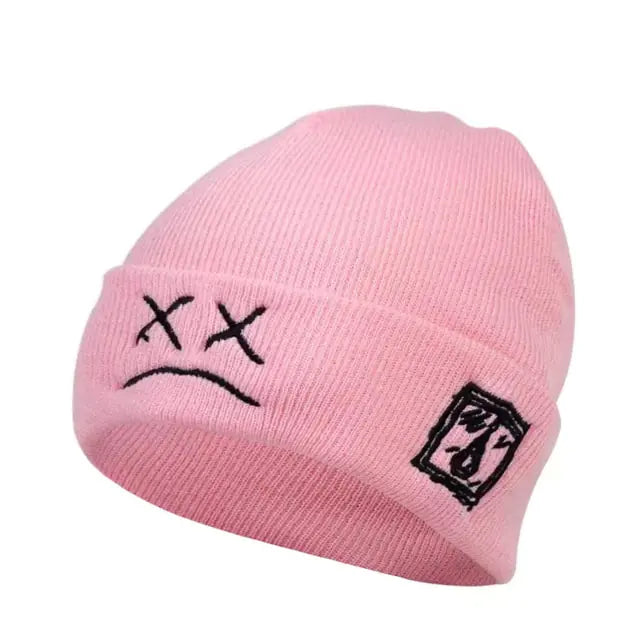 Embroidered Knitted Hat With Sad Expression