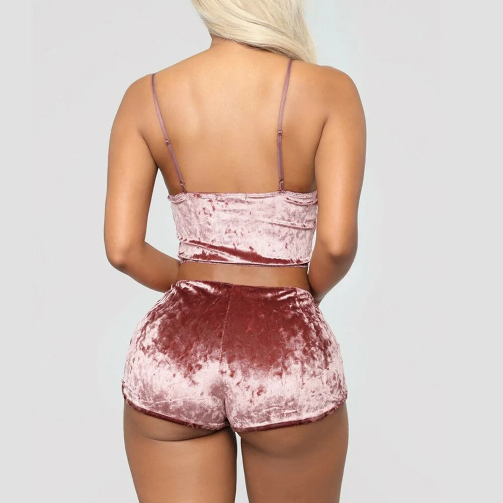 Spaghetti Strap Velvet Shorts Sexy Pyjama Set