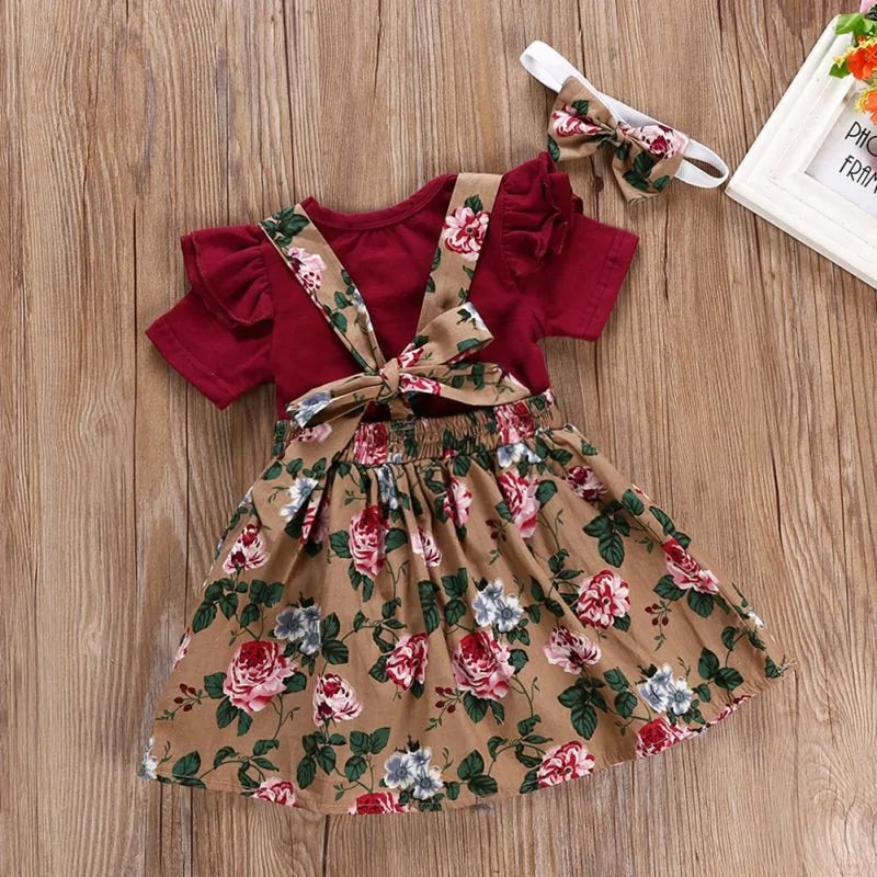 Girl Floral Print Dress Romper Headband Clothes Set