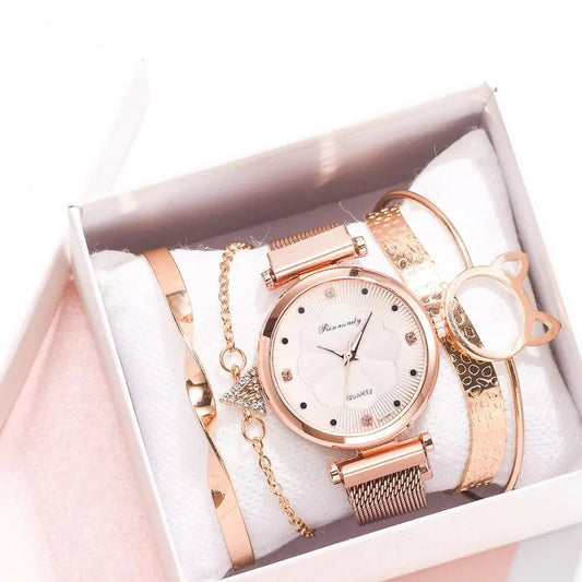 5-Piece Women's Luxury Magnet Buckle Watch And Bracelet Set