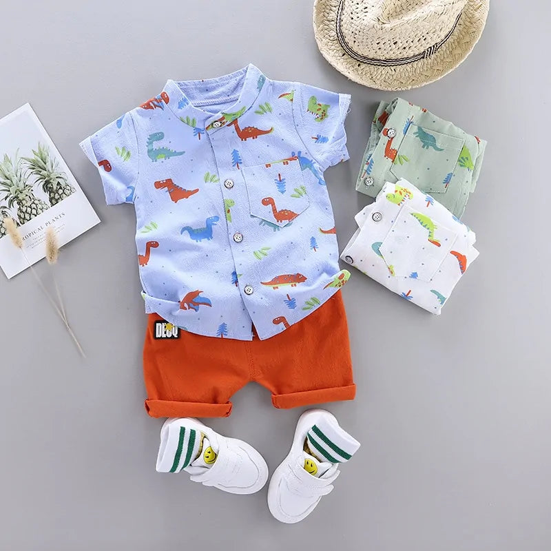 Cartoon Dinosaur Print Toddler Boy Set: Shirt + Pants