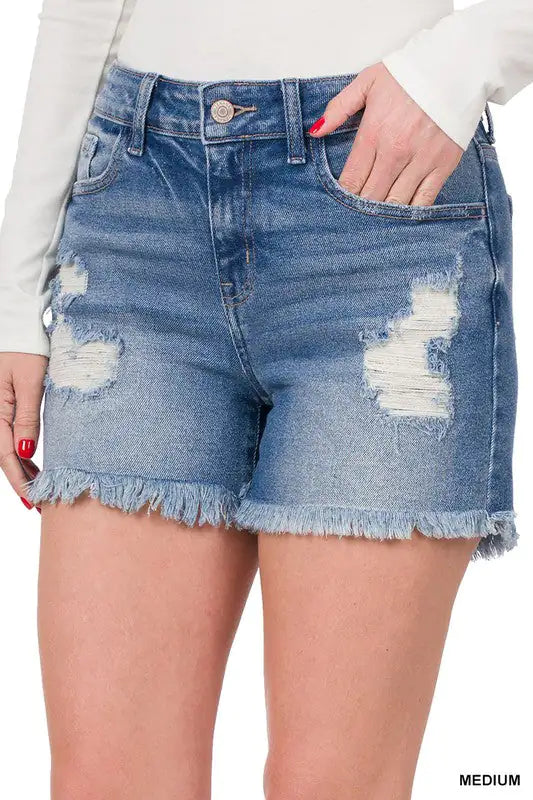 ZENANA DISTRESSED DENIM SHORTS