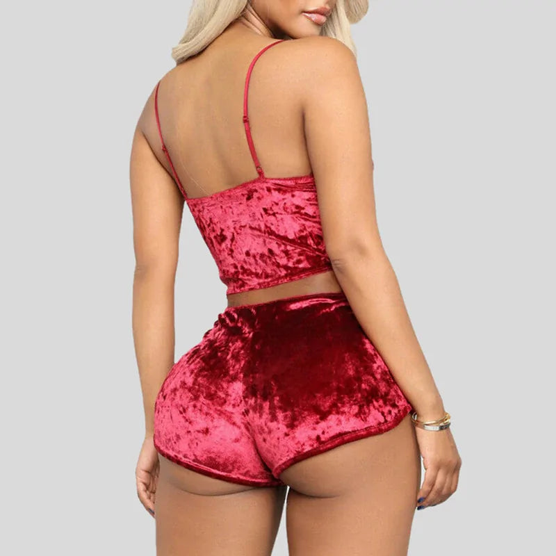 Spaghetti Strap Velvet Shorts Sexy Pyjama Set