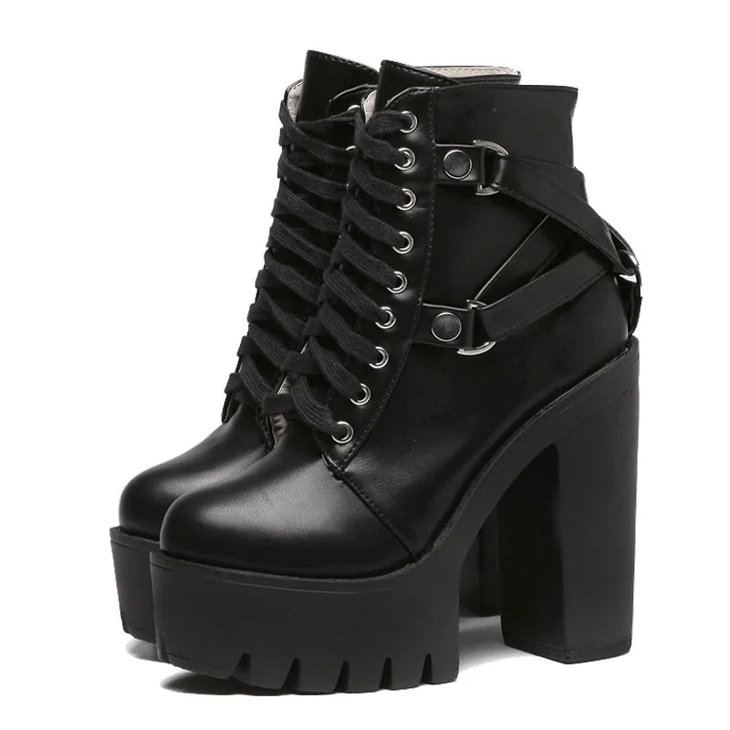 Black Boots Women Heel Lace-up