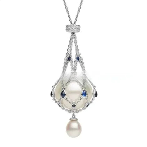 Pearl Gemstone Lavalier Pendant Necklace with Metal Net Bag