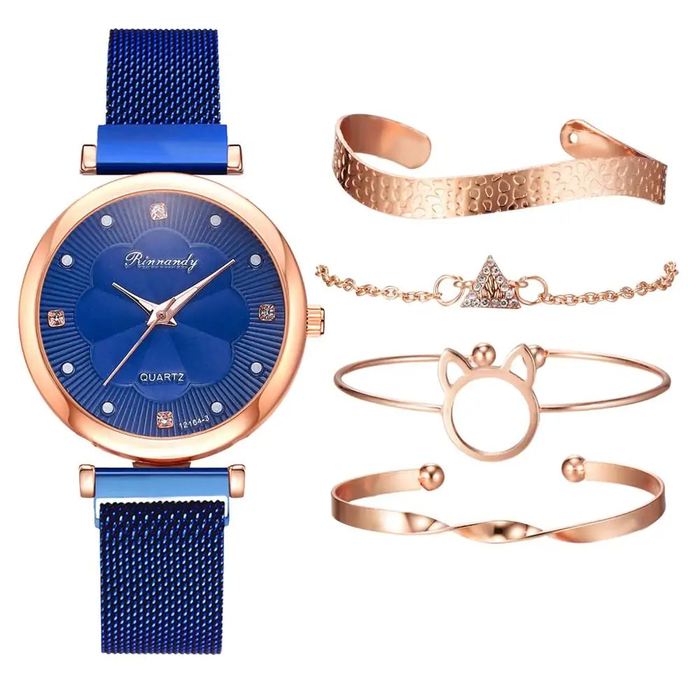 5-Piece Women's Luxury Magnet Buckle Watch And Bracelet Set