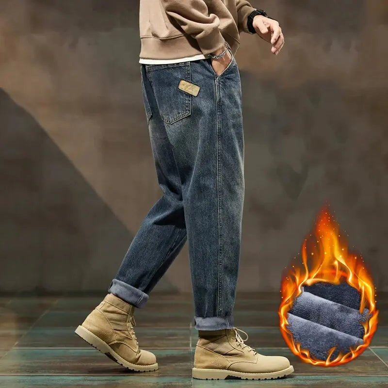 Denim Trousers Fleece Loose Fit Winter Jeans For Men