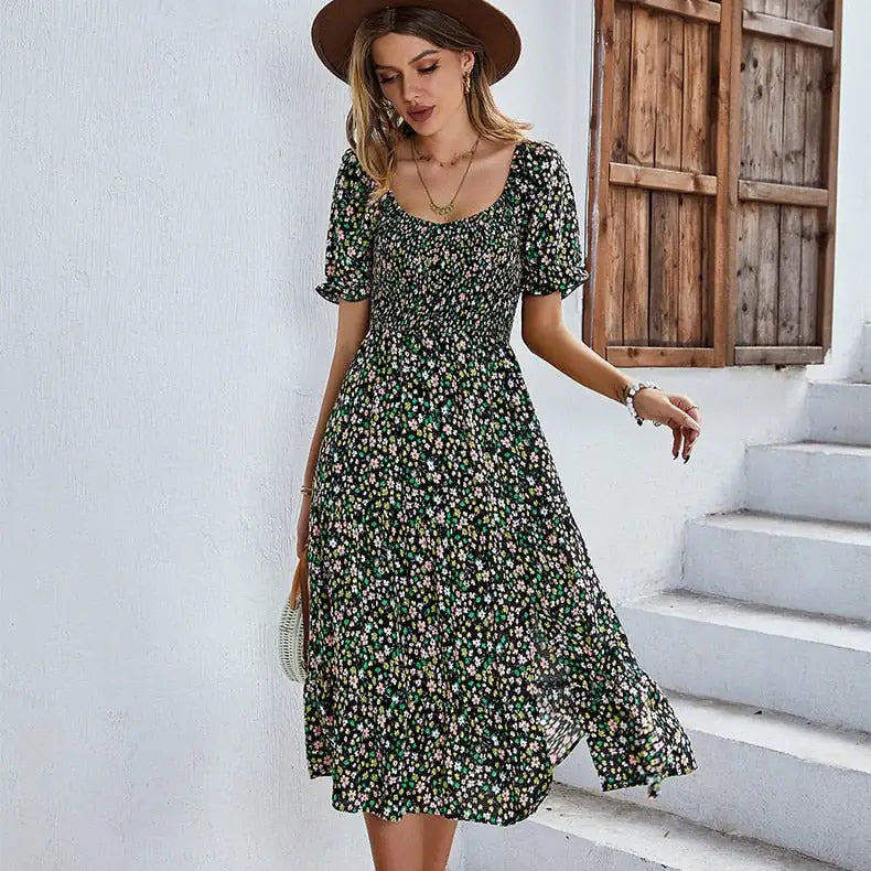 Floral Dress Smocked Sleeve V Neck Dresses