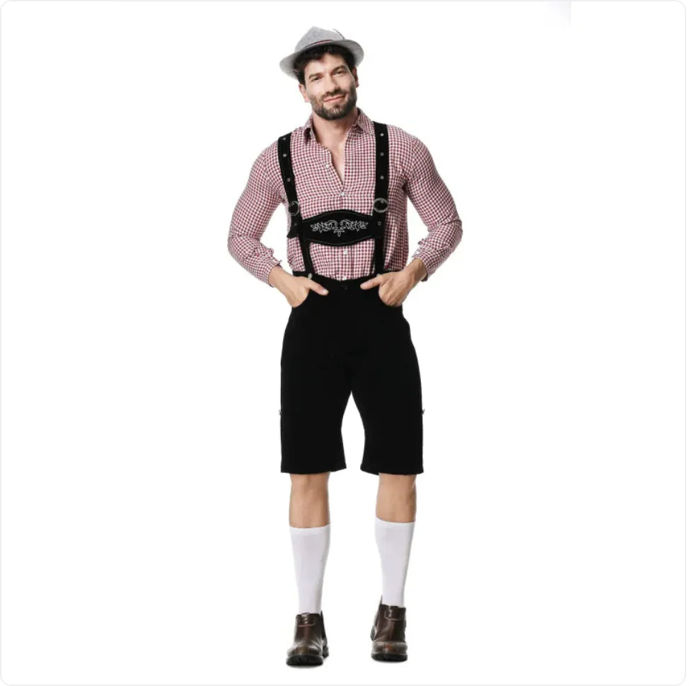 Men’s Oktoberfest Costume - Plaid Shirt, Bib Shorts, & Hat