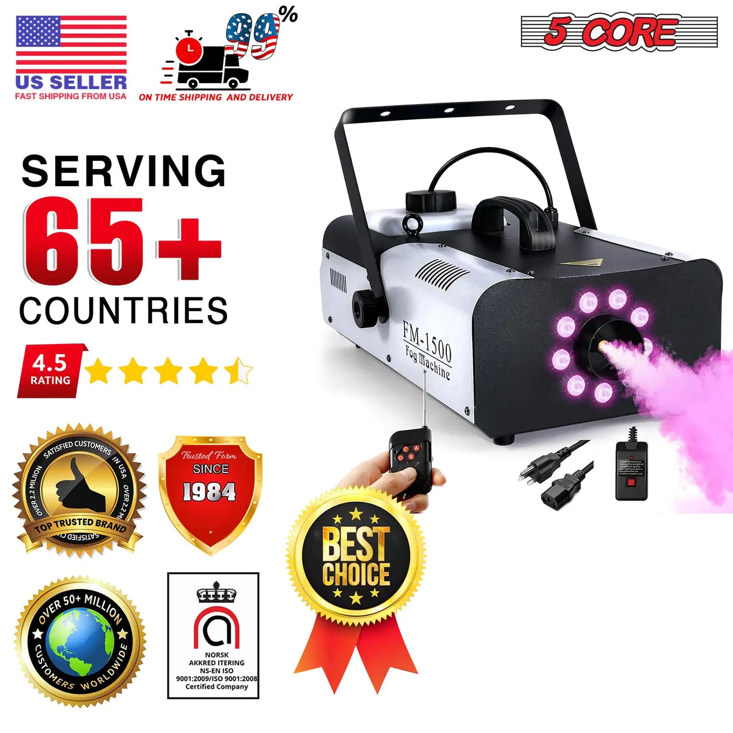 5 Core Fog Machine, 1500W 6000CFM, 2.5 L Tank Remote