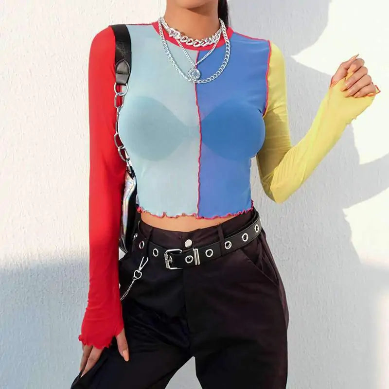 Color Block Mesh Crop Top