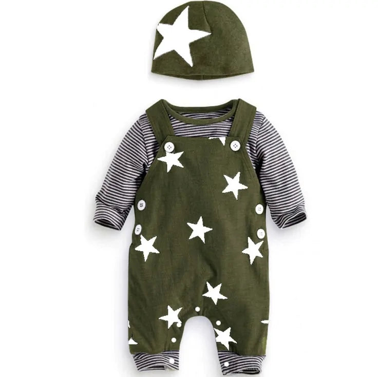 Newborn Baby Boy Clothes Long Sleeve Tops + Suspender Pants + Hat