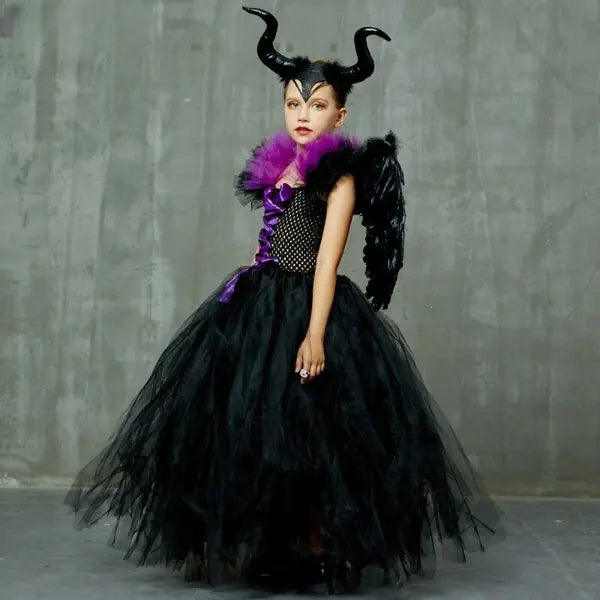 Black Gown Tutu Dress With Deluxe Horns And Wings