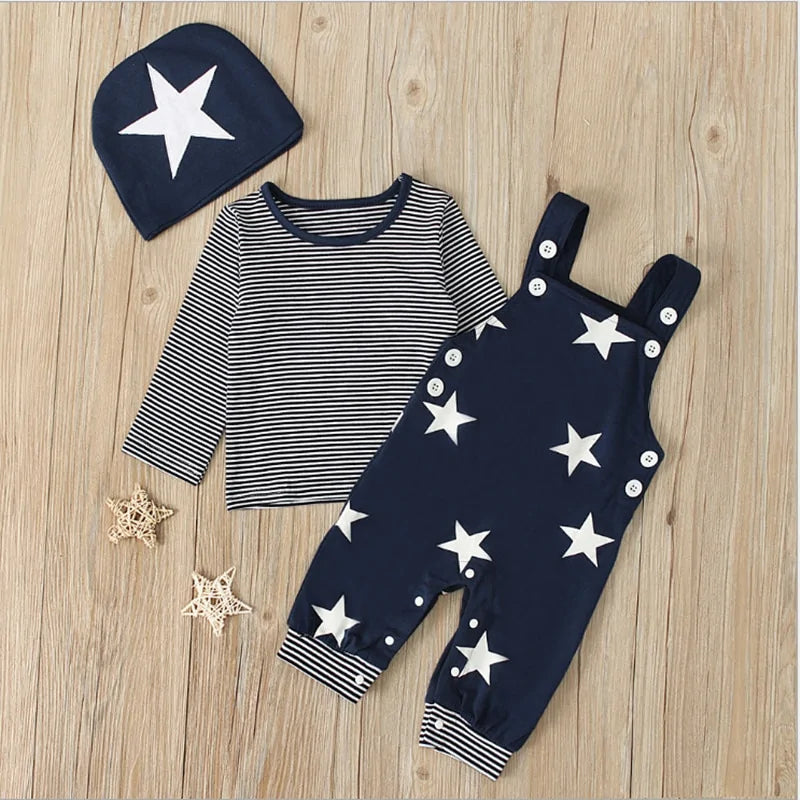 Newborn Baby Boy Clothes Long Sleeve Tops + Suspender Pants + Hat