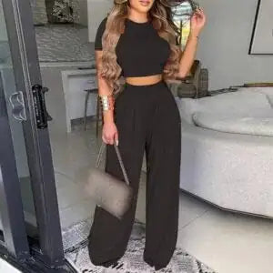 Two Piece Sets Elegant Short Sleeve Shirt + Wide Leg Pants Suits