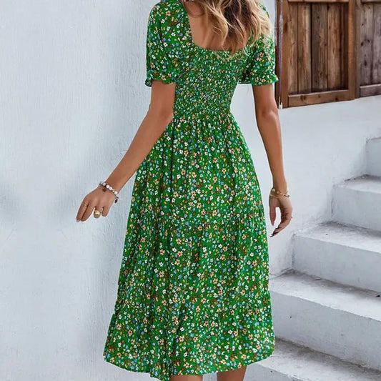 Floral Dress Smocked Sleeve V Neck Dresses