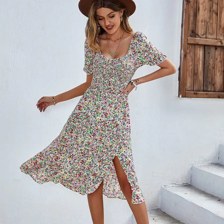 Floral Dress Smocked Sleeve V Neck Dresses