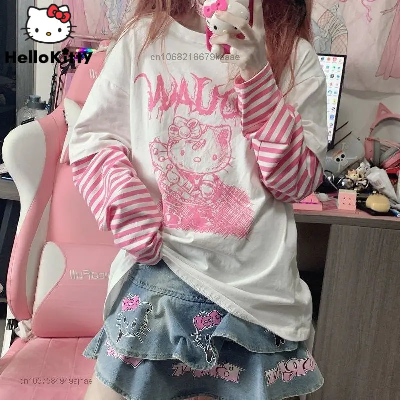 Sanrio Hello Kitty Patchwork Stripe Long Sleeves Top Y2k Girls Aesthetic Tops