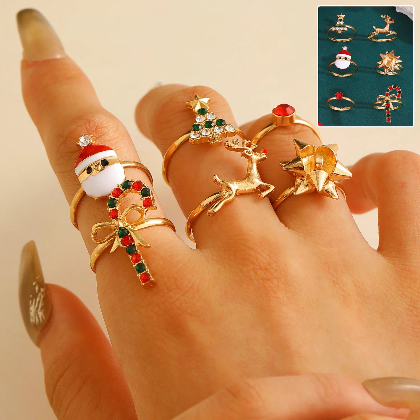 Festive Charm: 6-Piece Santa Claus & Reindeer Adjustable Christmas Rings Set