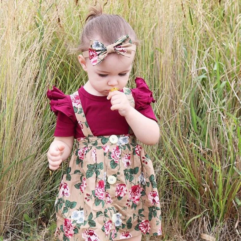 Girl Floral Print Dress Romper Headband Clothes Set