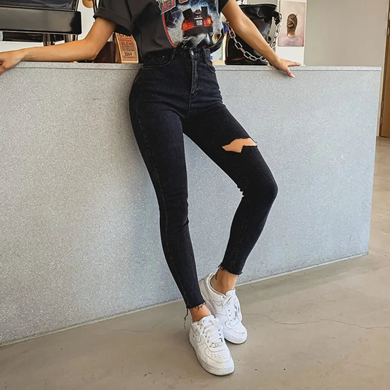 High Waist Ripped Denim Skinny Pants