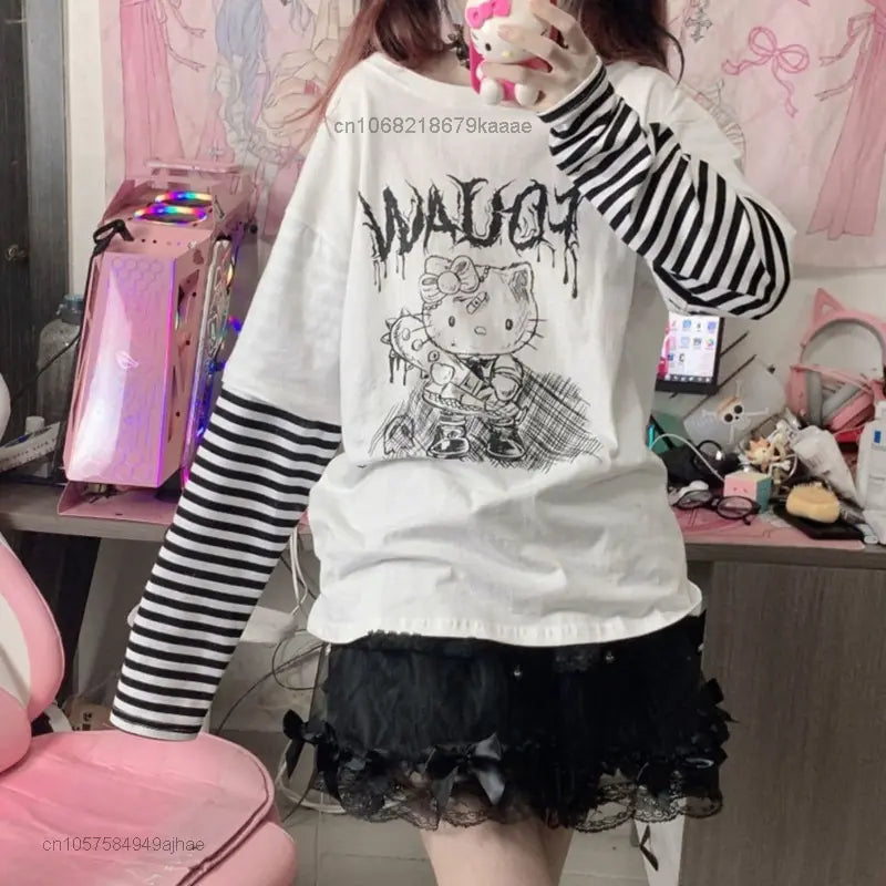 Sanrio Hello Kitty Patchwork Stripe Long Sleeves Top Y2k Girls Aesthetic Tops