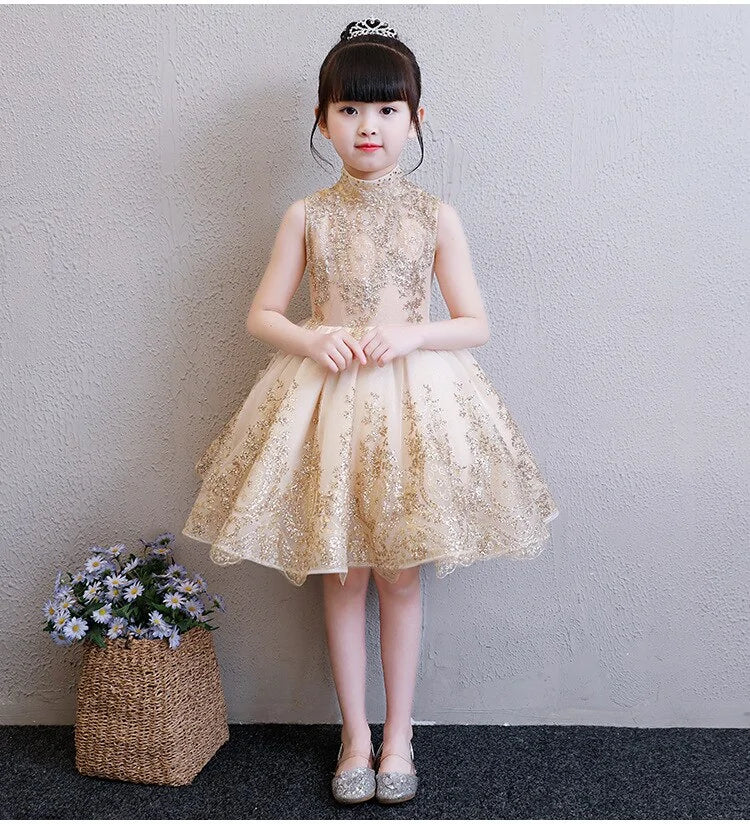 Elegant Tulle Golden Dress For Kids