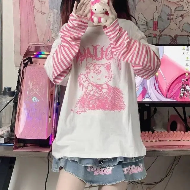 Sanrio Hello Kitty Patchwork Stripe Long Sleeves Top Y2k Girls Aesthetic Tops