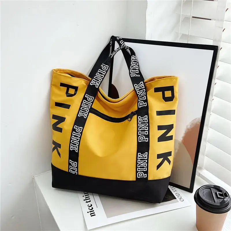 Pink Colorblock Tote Bag With Graphic Design