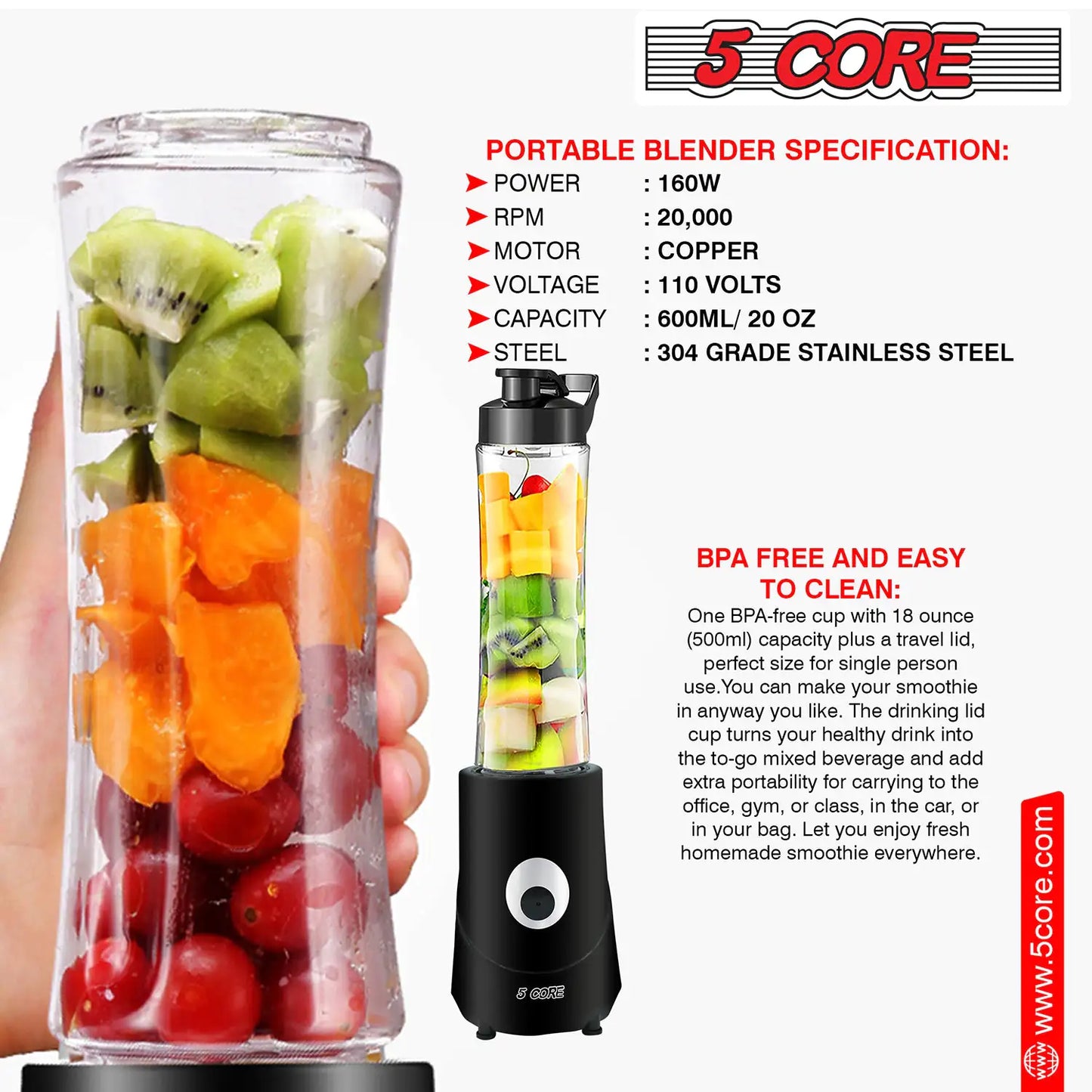 5Core Portable Personal Blender for Kitchen 20Oz Capacity 160W Smoothie Maker Blenders