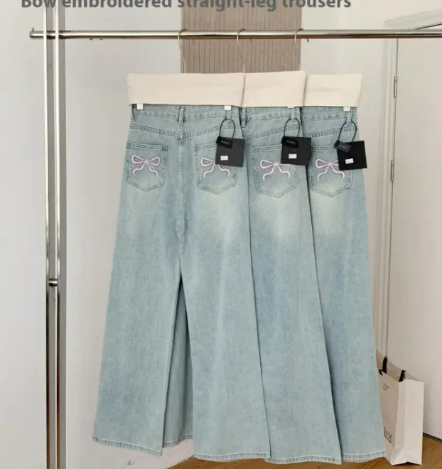 Ballet Embroidery Light Blue Wide-leg Jeans