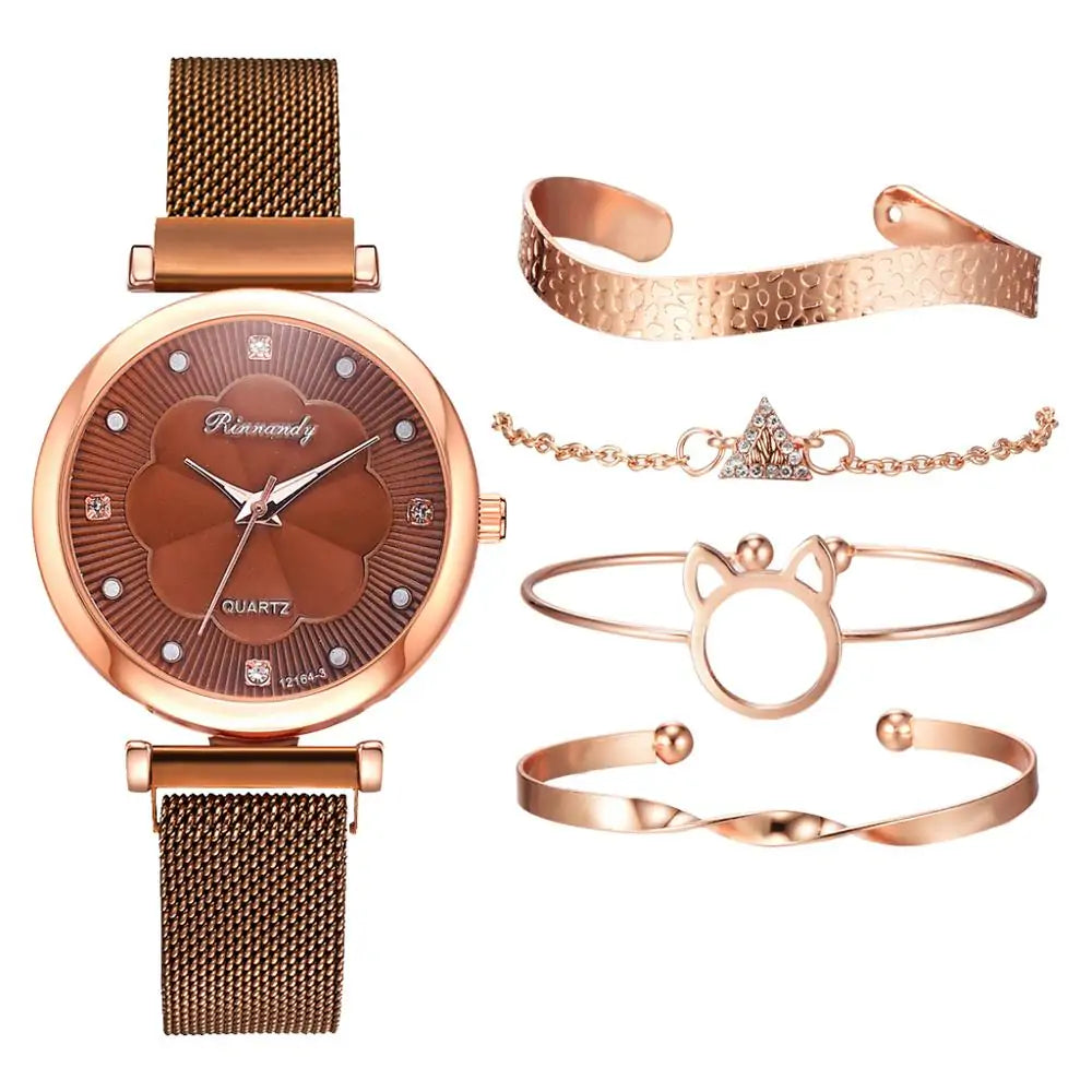 5-Piece Women's Luxury Magnet Buckle Watch And Bracelet Set