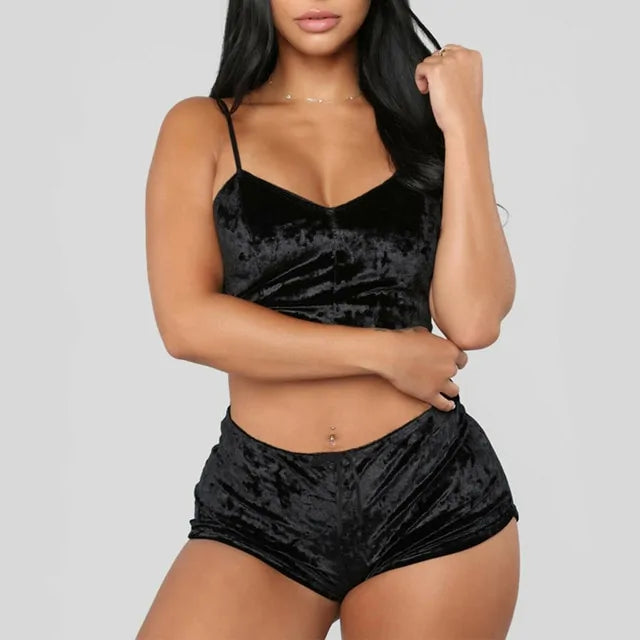 Spaghetti Strap Velvet Shorts Sexy Pyjama Set