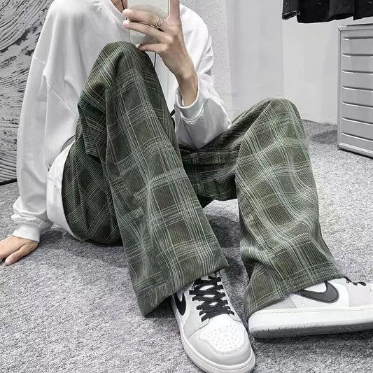 Men Plaid Straight Loose Trousers Pants